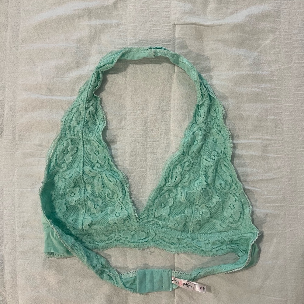 Mint Green Lace Halter Bra with Floral Design